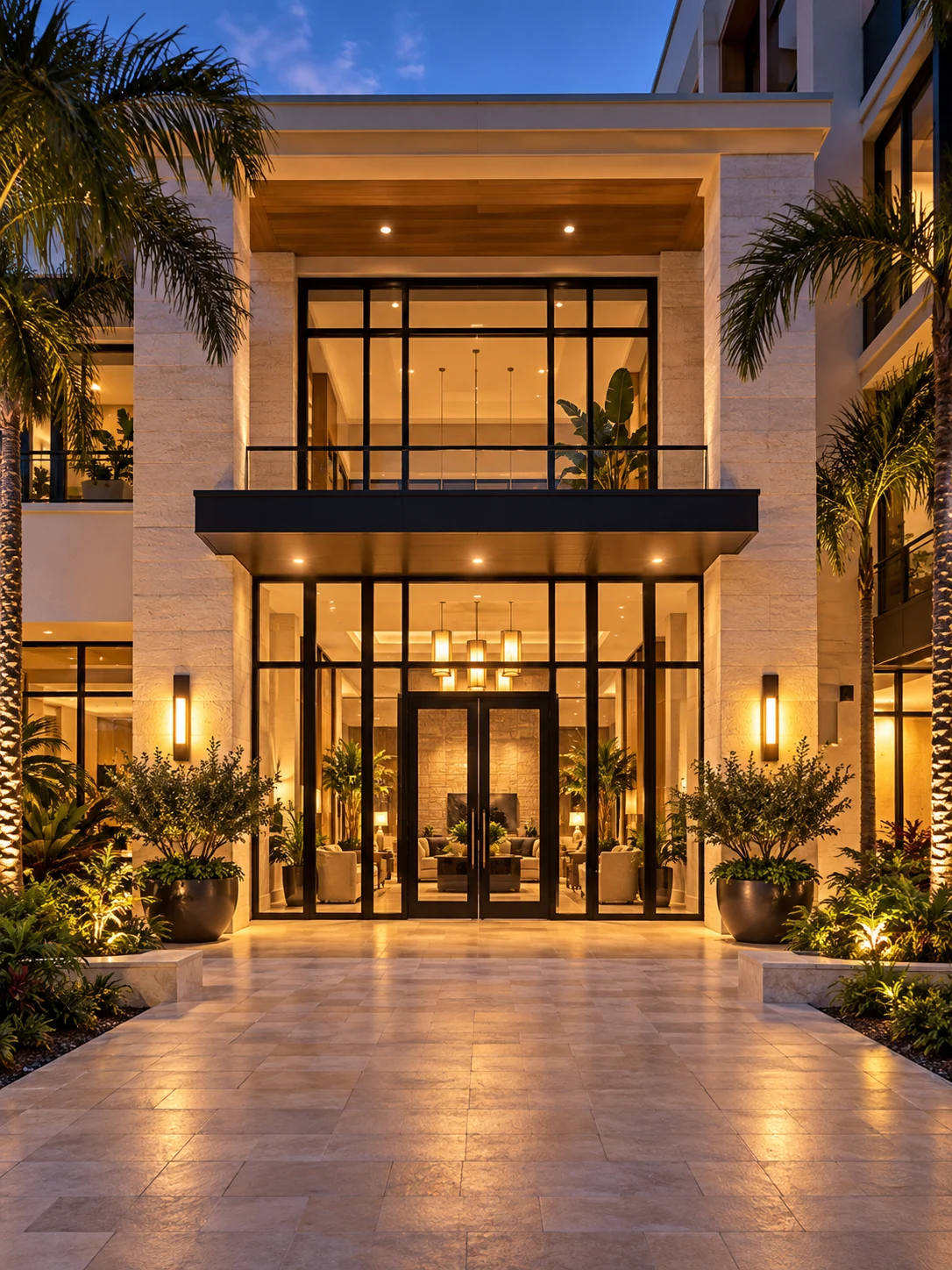 Warmly illuminated entrance of an upscale apartment community