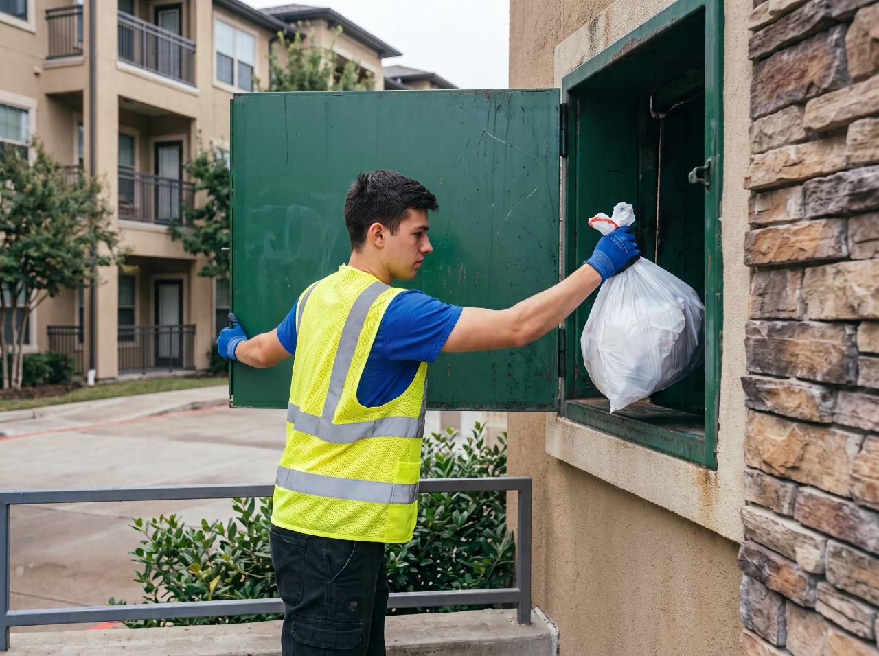 Worker placing a tied trash bag into an outdoor apartment waste chute